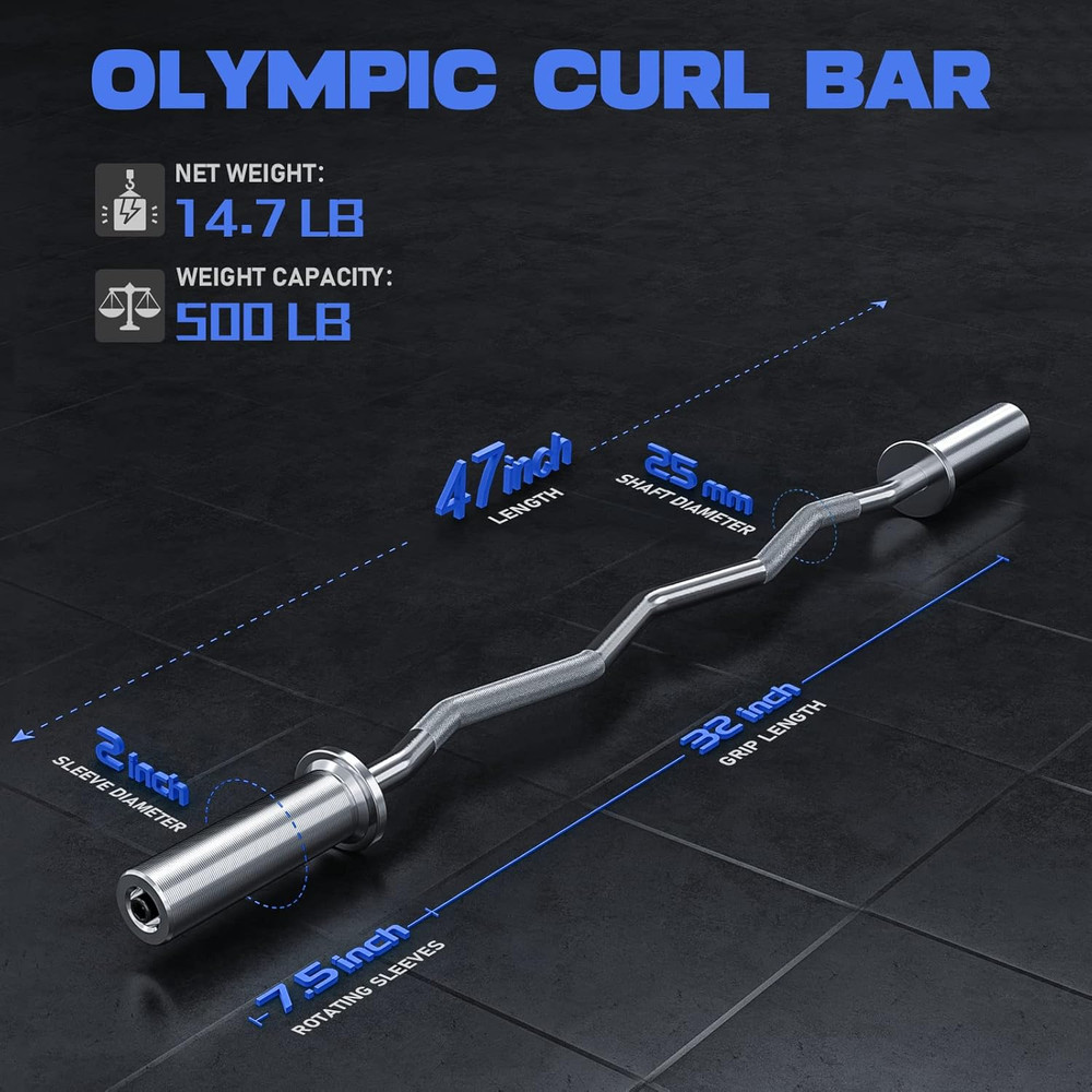 47" Olympic EZ Curl Bar for Weightlifting with 2 Spring Collars