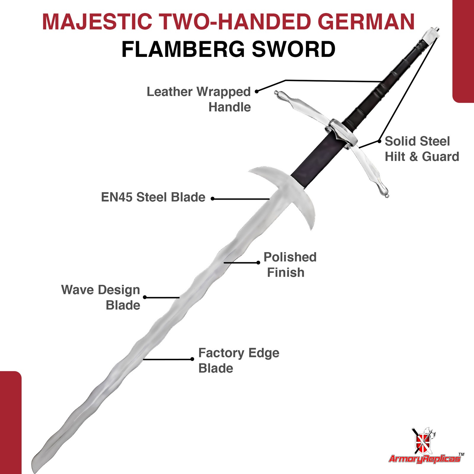 Majestic German Flamberg Two-Handed Sword with Zweihander Leather Ricasso 61"