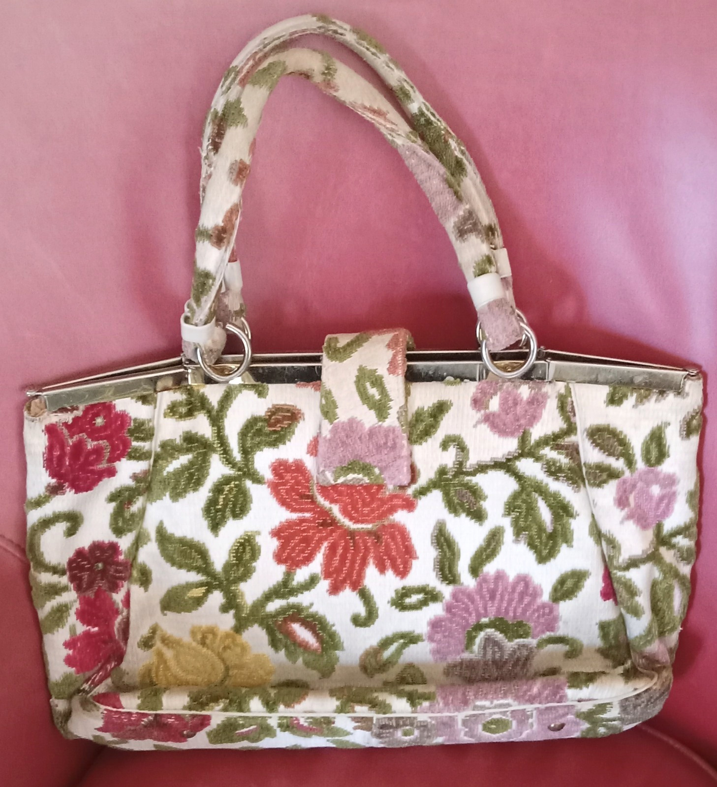 VTG MCM ETRA Fabric Textile Carpet Bag Metal Frame Handbag Floral Purse 50s-60s