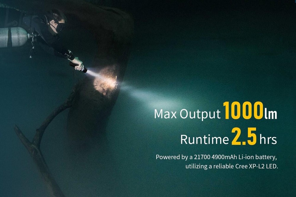 XTAR DS1 1000 Lumen Diving Flashlight FULL SET + EXTRA BATTERY + SILICON GREASE