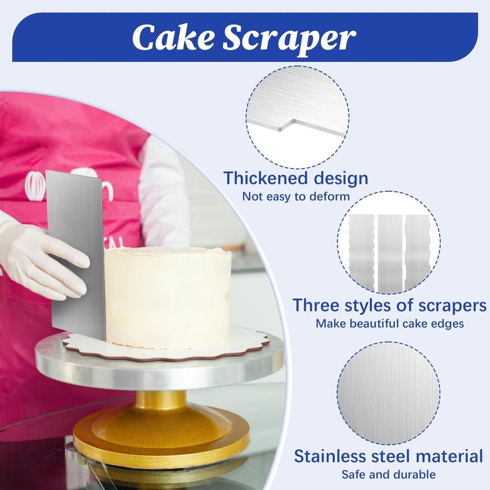3 Pcs Stainless Steel Cake Scraper, 8.6-inch Double Sided Patterned Edge Stri...