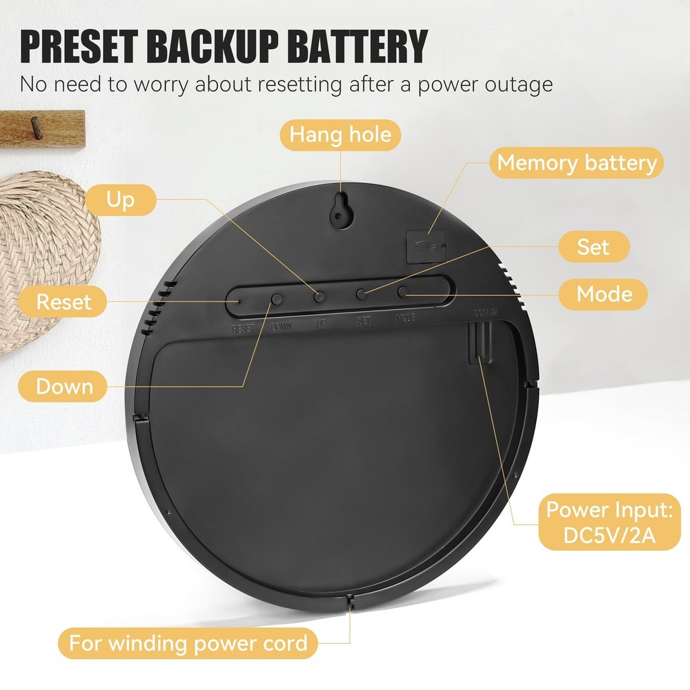 Kasbin 12” Digital Wall Clock with App Control, Large LED, WiFi Sync, Date