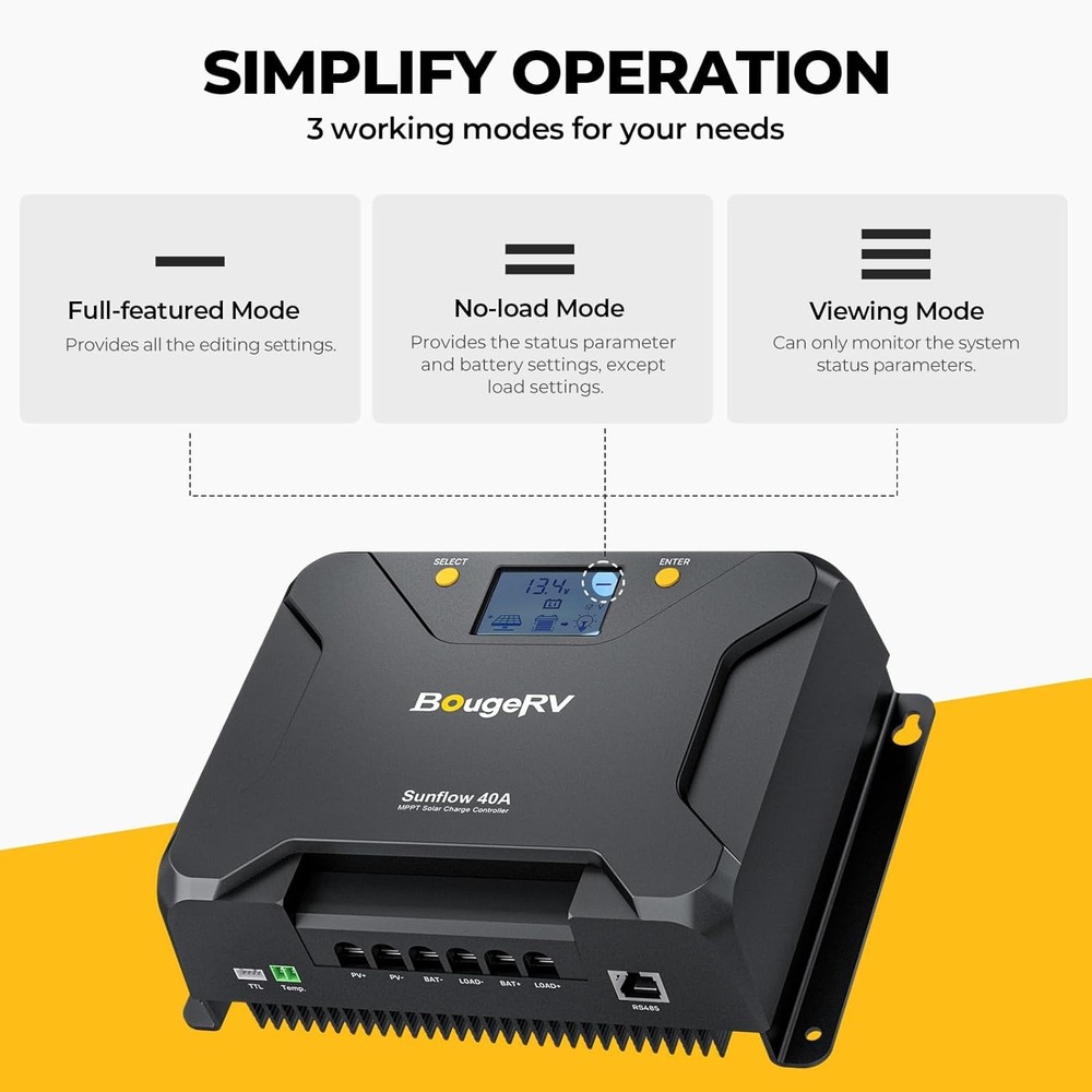 BougeRV MPPT Solar Charge Controller 40A, w/ Low-Temp Cut-Off, APP Control, Back