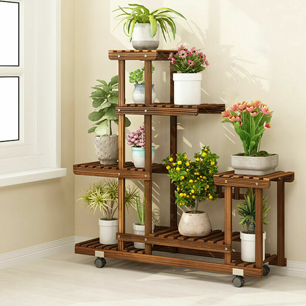 Tall Rolling Plant Stand Multi-Layer Flower Pot Holder Display Shelf Home Garden