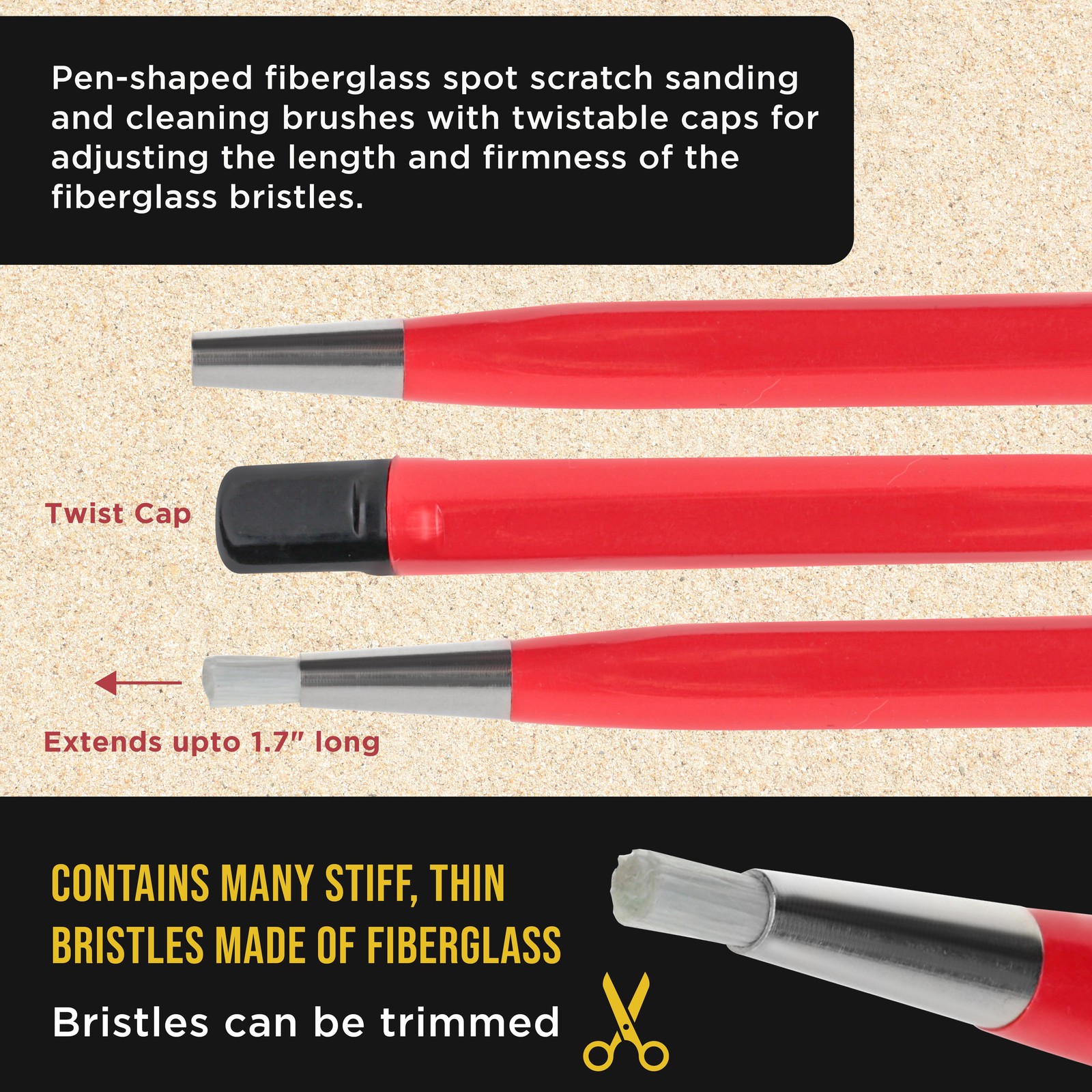 3 Fiberglass Spot Scratch Brush Pen Tools, Clean, Sand, Remove Rust & Corrosion