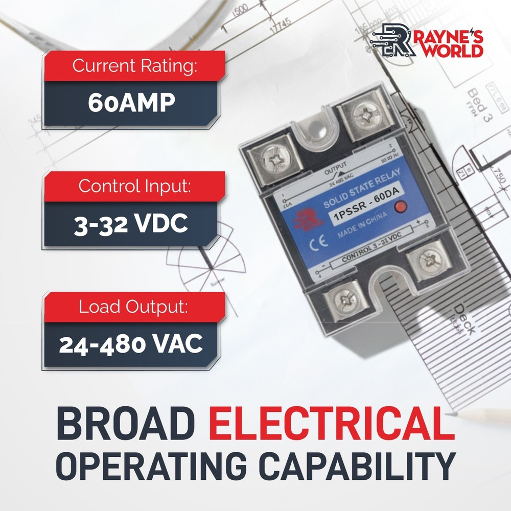 60 Amp DA Solid State Relay Module SSR-DC to AC-3-32VDC Control-24-480VAC Output