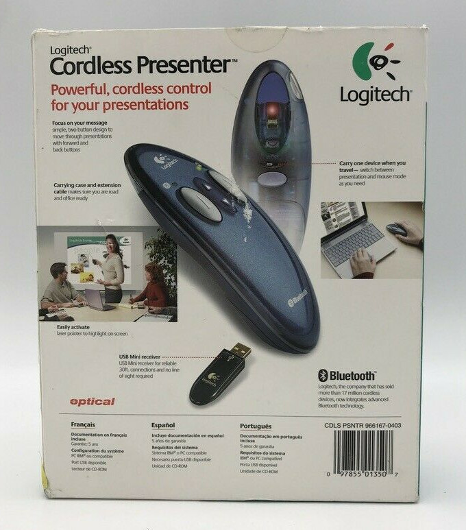 Logitech Cordless Presenter Bluetooth Laser Pointer Mouse CDLS PSNTR 966167-0403