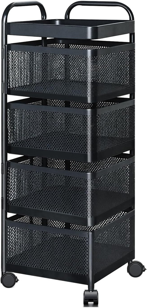 Rotating Kitchen Storage Rack, 4 Tier Rolling Cart with Fruit and Vegetable Bask