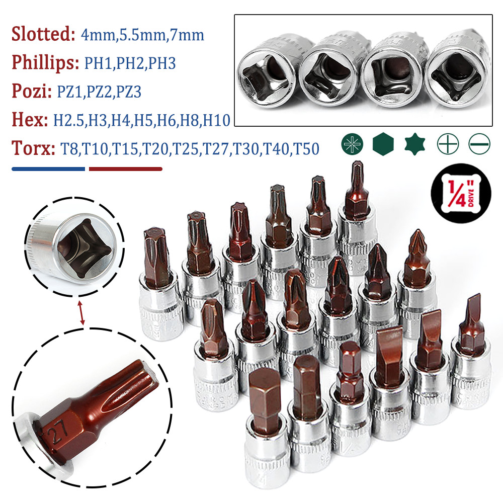 Torx/Hex/Slotted/Phillips/Pozi Bit Socket 1/4" Square Drive Socket S2 Steel