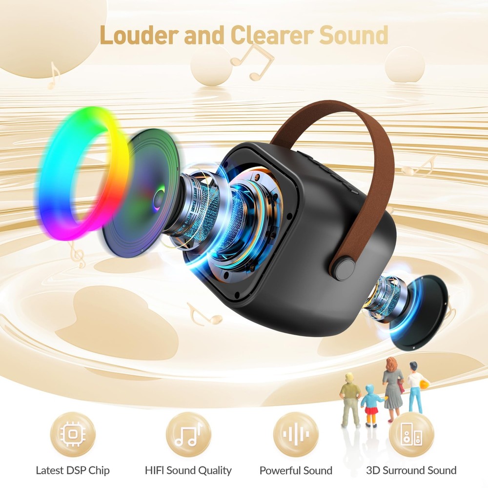 Mini Karaoke Machine, Portable Bluetooth Speaker 2 Mics, Black 2 Mics