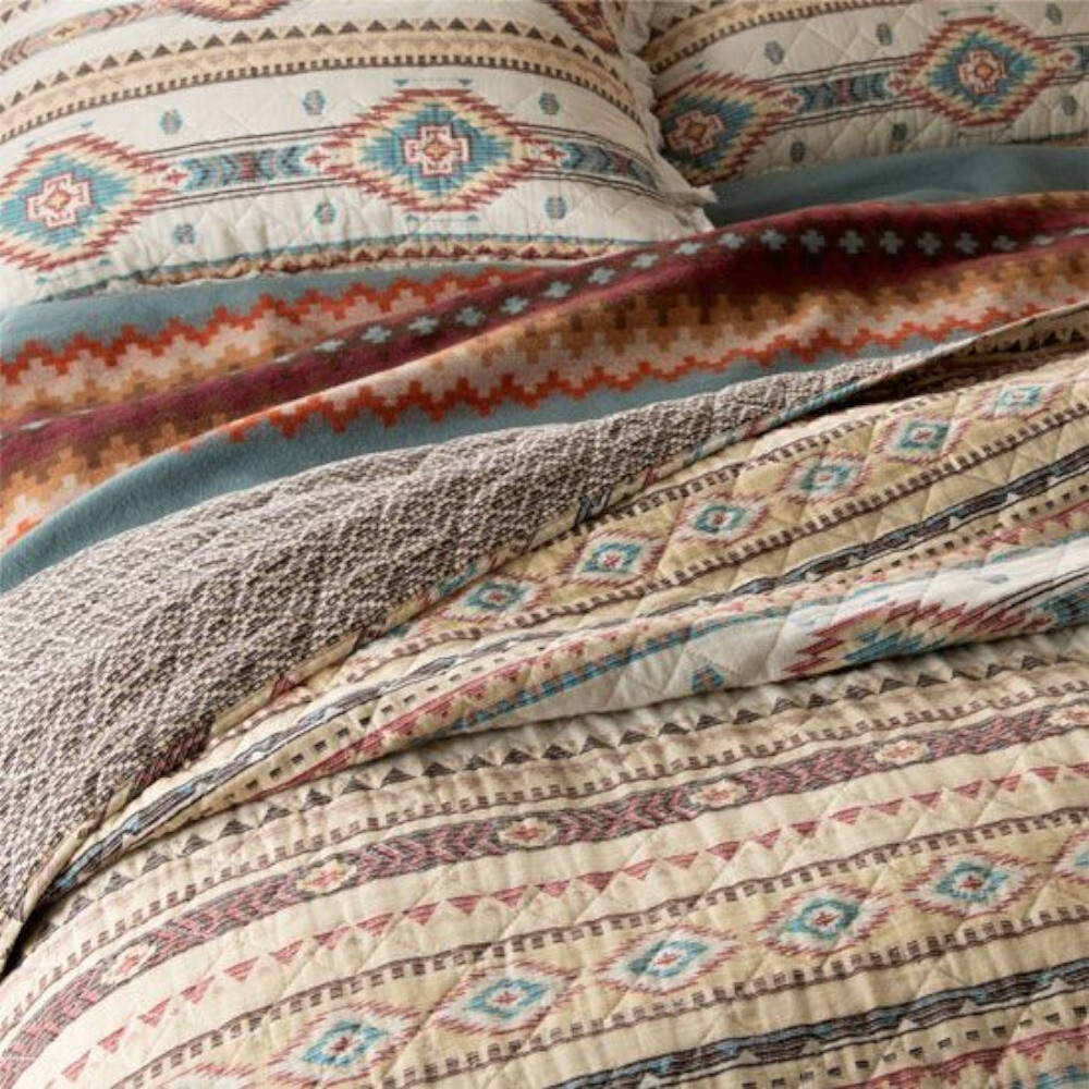 SOUTHWESTERN PHOENIX 3p King QUILT SET : BROWN TURQUOISE SOUTHWEST NATIVE TRIBAL