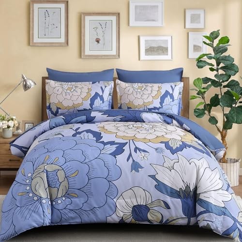 7 Pieces Floral Comforter Set Queen Size Botanical Bed in a Bag, King Blue