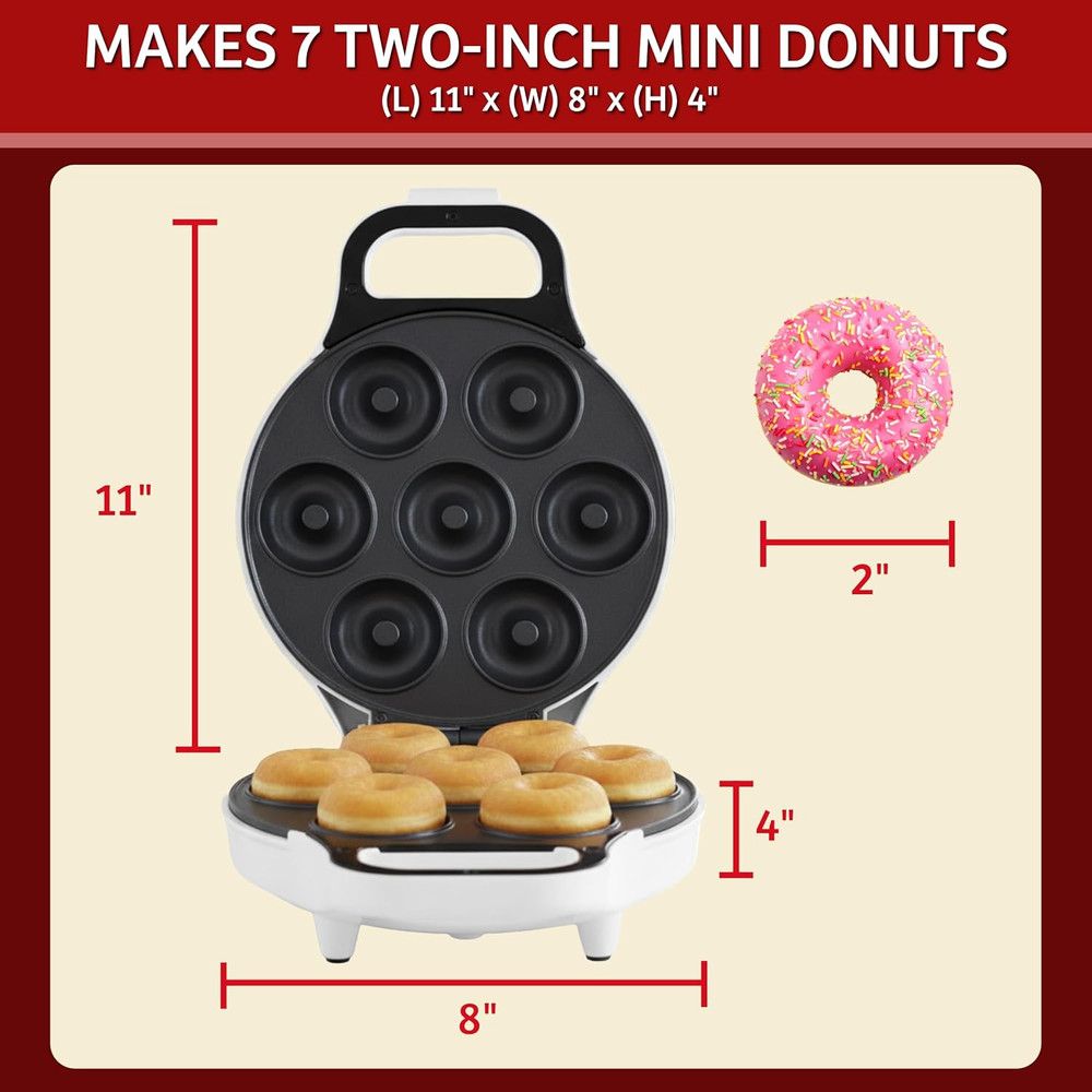 Mini Donut Maker, Durable, Nonstick Easy to Use Mini Baking Machine - Cooks 7 Mi