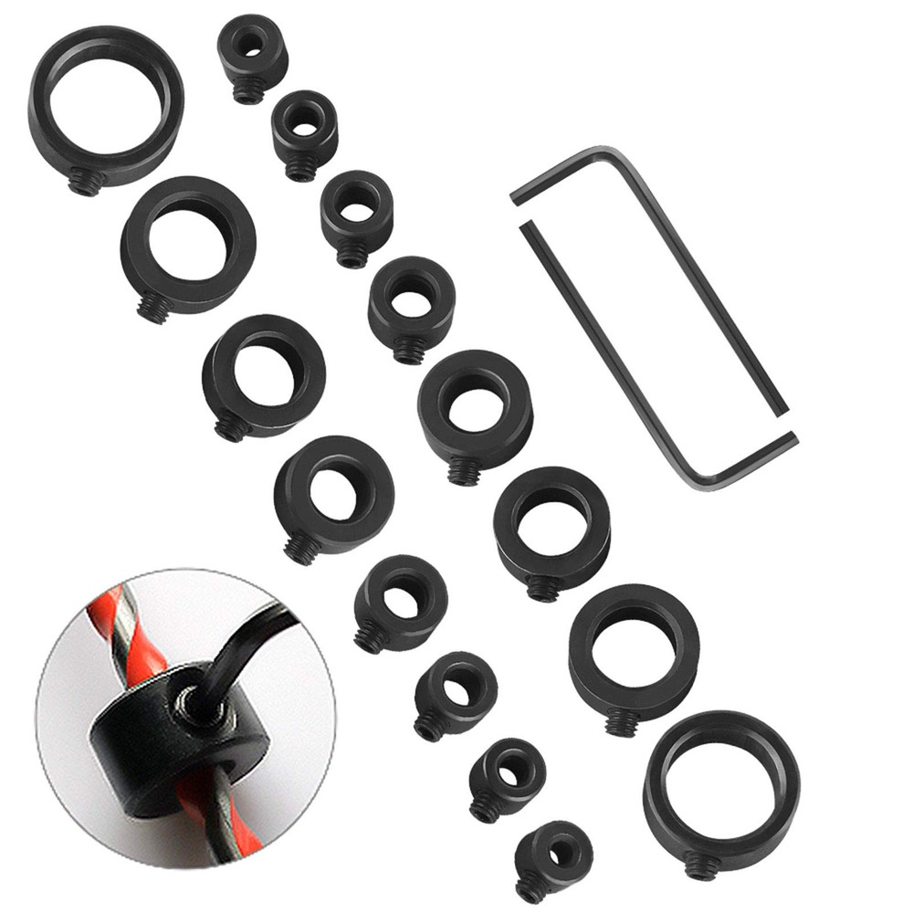 Depth Stop Drill Bit, 18 Piece Collar Set 8 Different Sizes, black