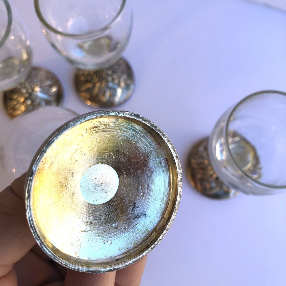 DAVCO SILVER LTD Set Of 4 Grape Silver Plated & Glass Cordial Liquor Glasses