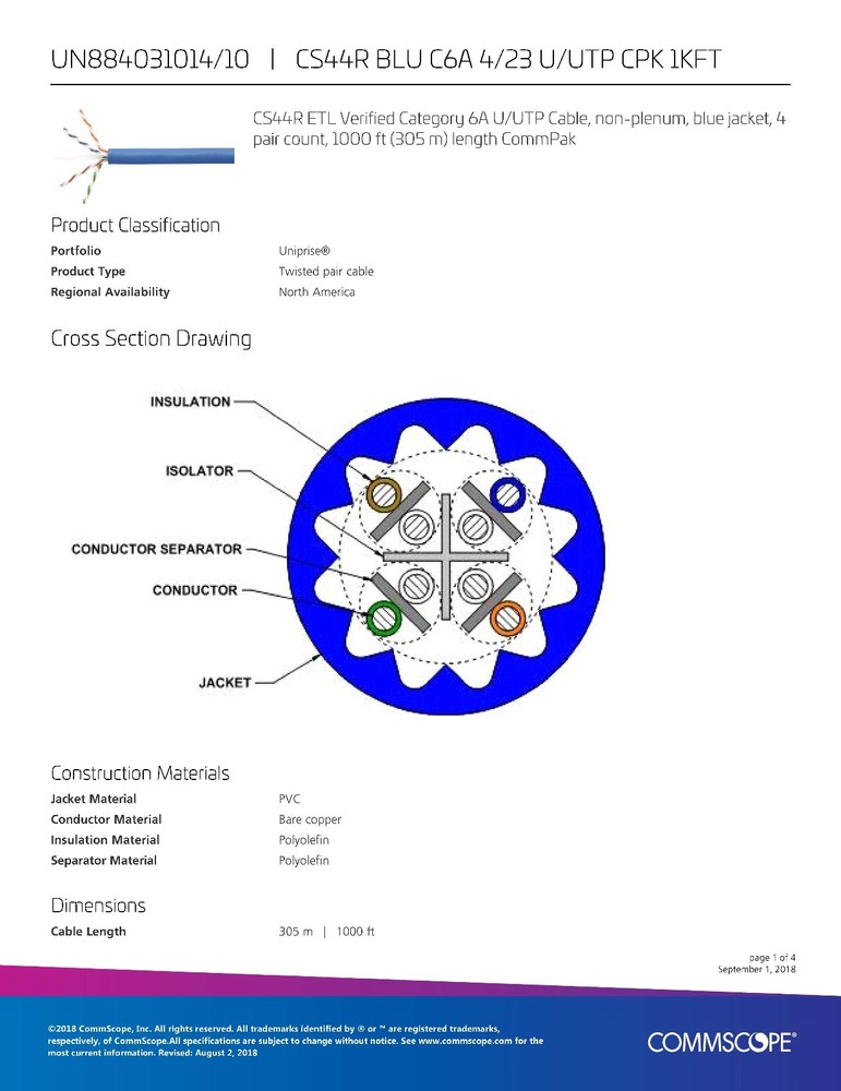 Commscope CS44R Cat6A U/UTP Network Ethernet 10G 10Gig Cable Riser Blue /100ft