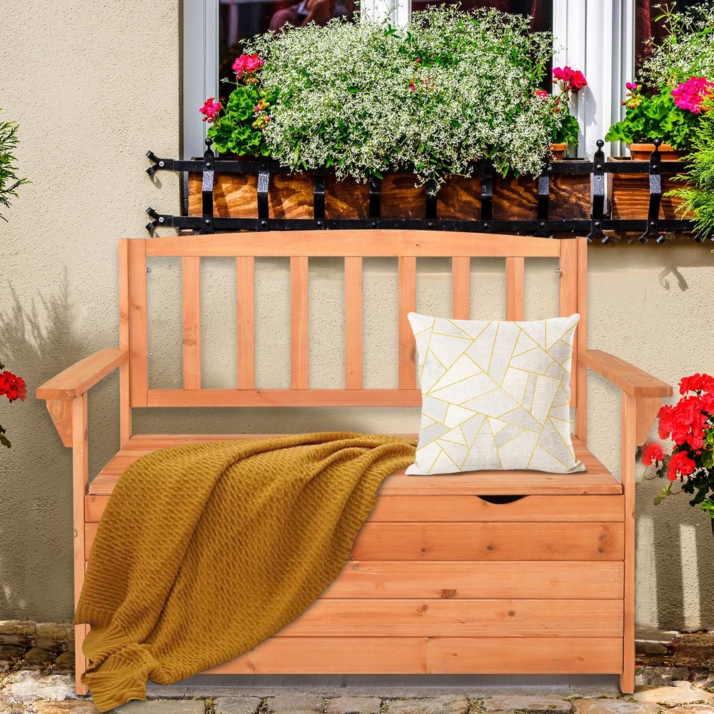 Yard Storage Bench Deck Box Wood Seating Container Tools Toys with Backrest