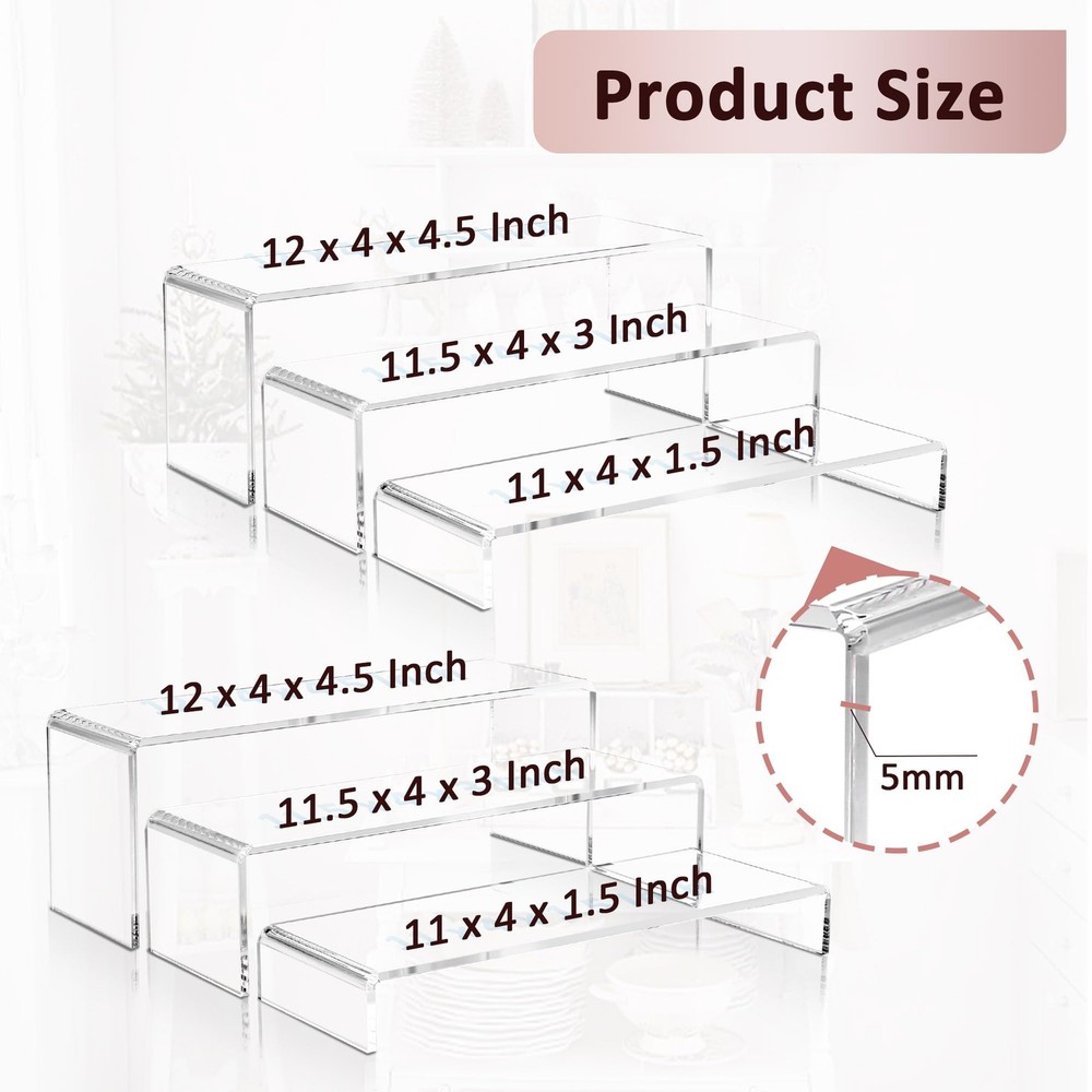 2 Set Large Acrylic Clear Display Risers, 3 Sizes 12" Rectangular Showcase Co...