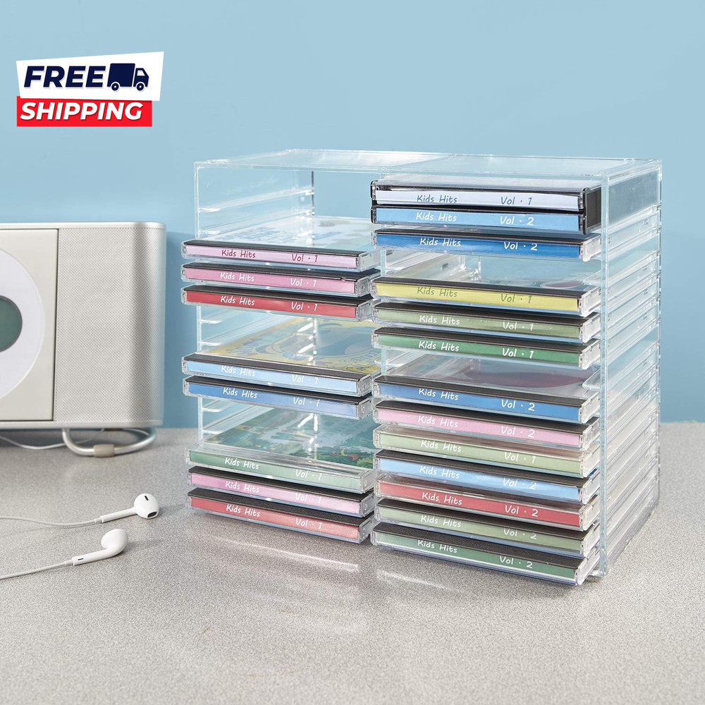 Stackable Clear Plastic CD Organizer with Rubber Feet Rectangular Jewel Made in