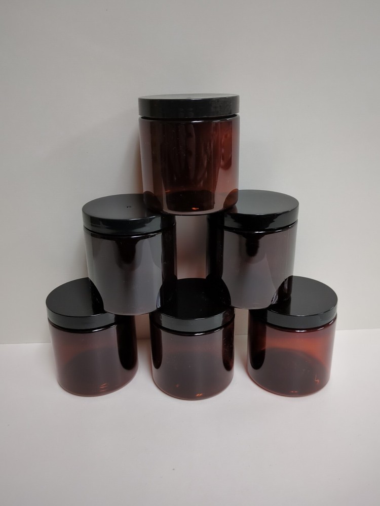 Six 8 oz Amber Plastic Jars with Lids