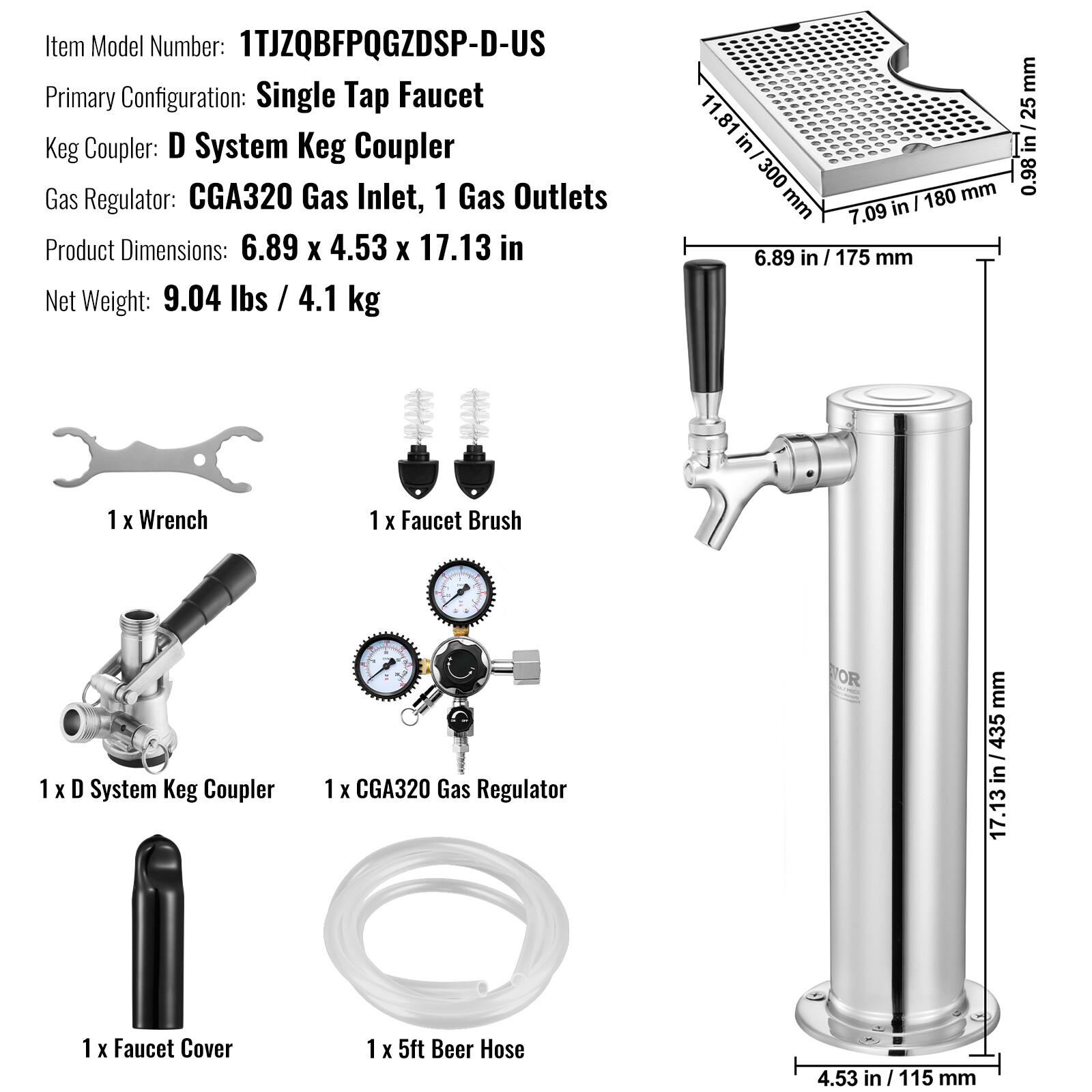 VEVOR Kegerator Tower Kit Single Tap Beer Conversion Kit with Beer Drip Tray