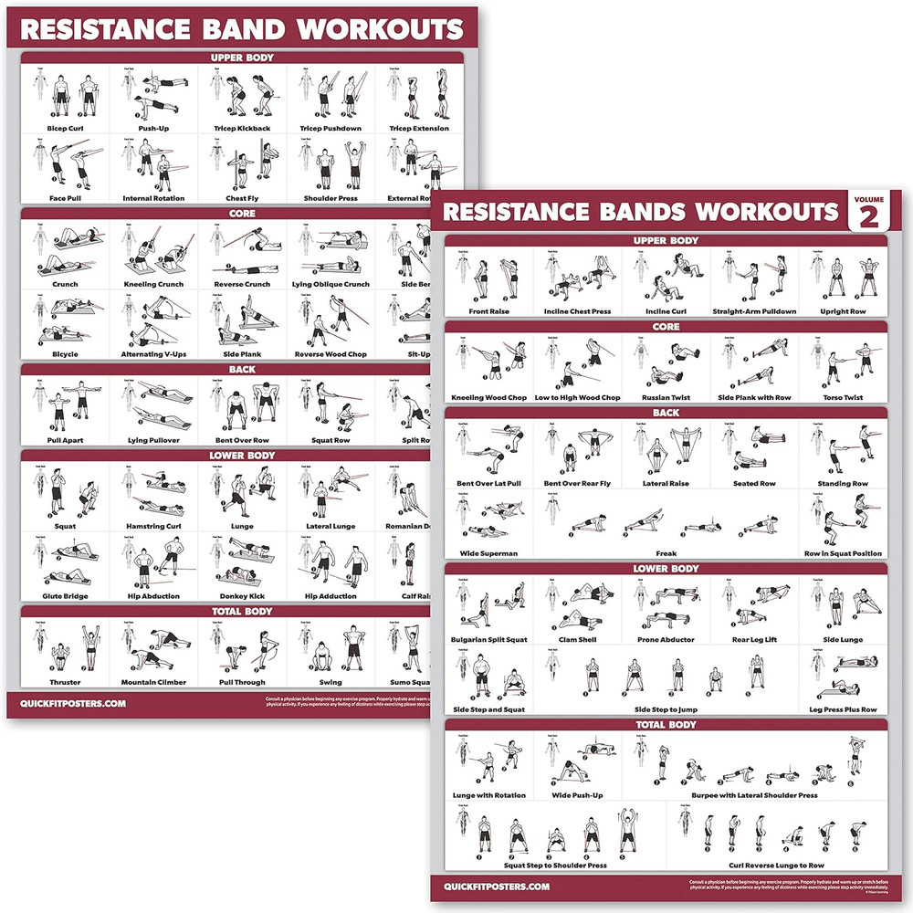 QUICKFIT 2 Pack Resistance Bands Exercise Poster Set - Resistance Tubes Workout
