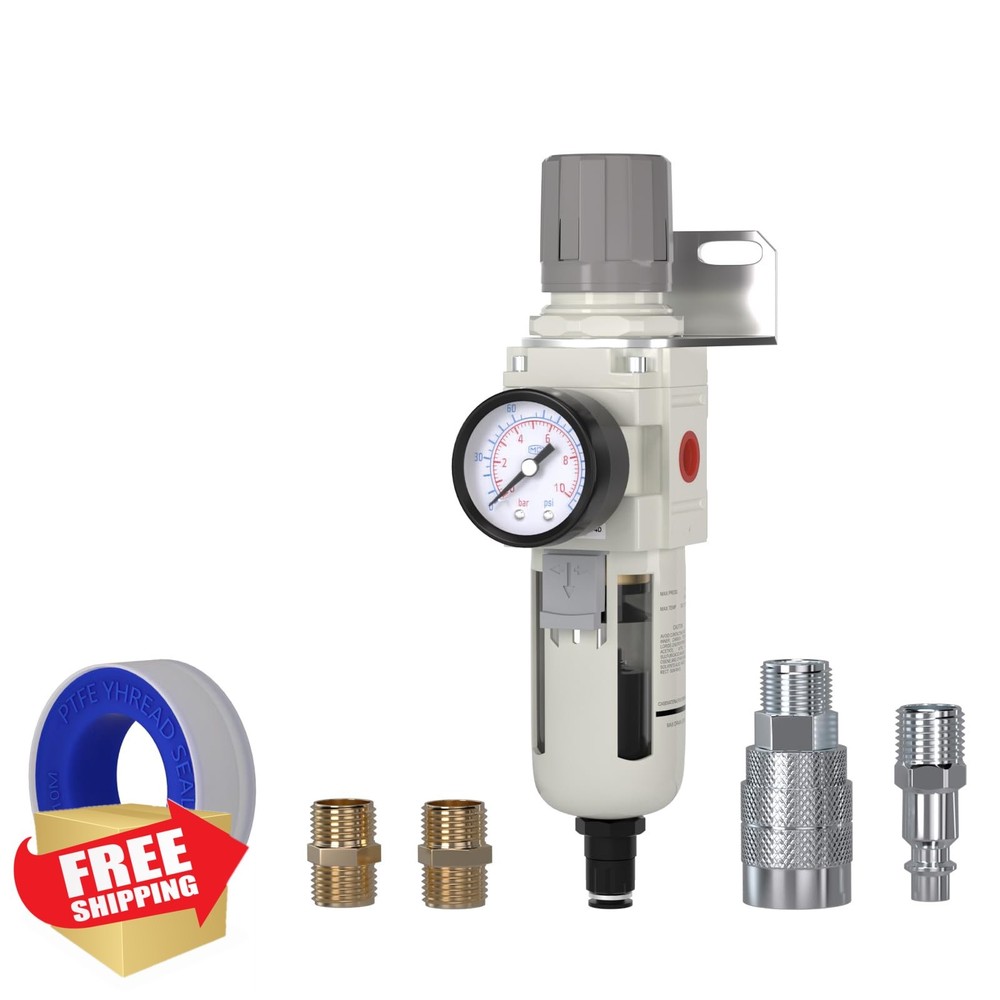 1/2"NPT Air Filter Regulator Combo, 5 Micron, Auto Drain