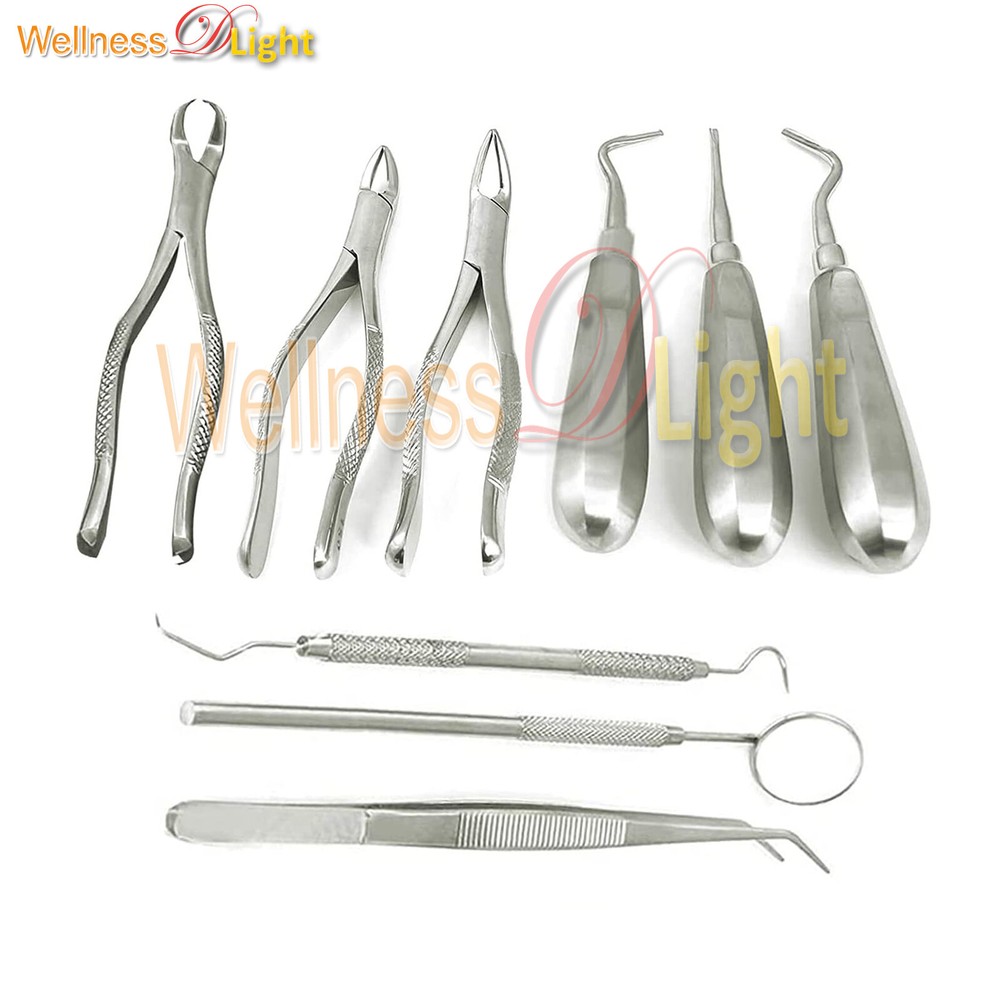 9 PCS Basic Dental EXTRACTING Extraction Forceps Elevators Set KIT EX-346