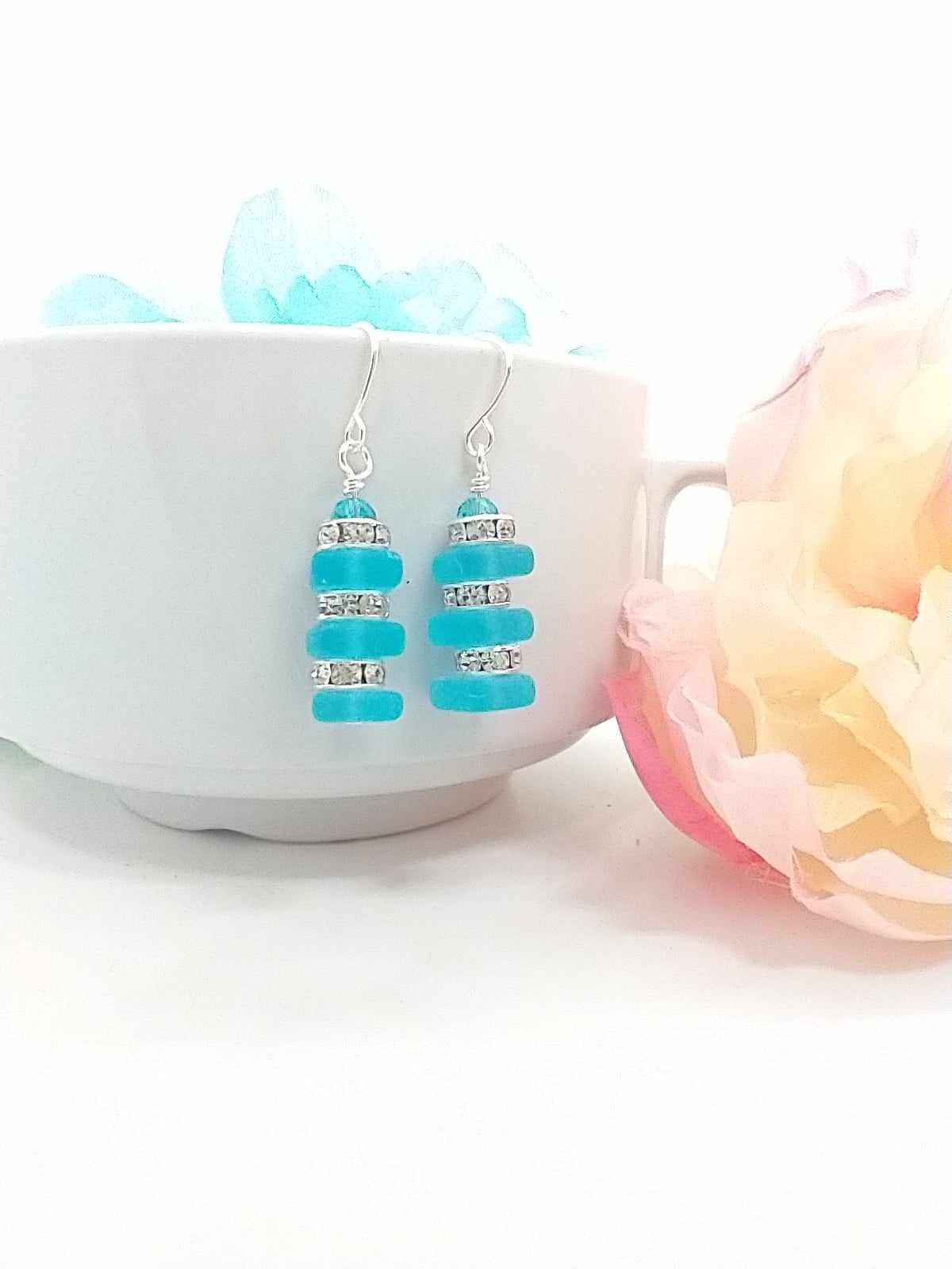 Stacked Lt. Blue Sea Glass Earrings, Gift For Her, Handmade, Minimalist Jewelry