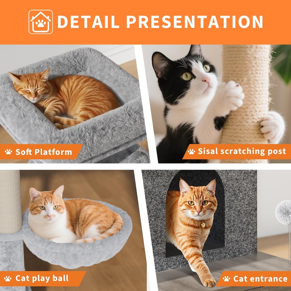 Hidden Litter Box Cat Tree, Multi-Level Tower, Scratching Post, Dangling Balls
