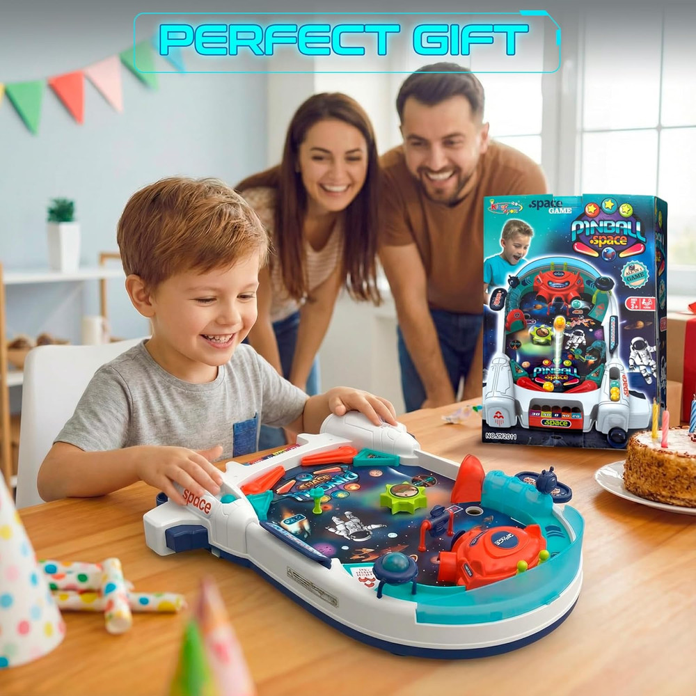 Space Pinball Machine — Tabletop Arcade Game with Obstacles, Pull-Rod Launcher,