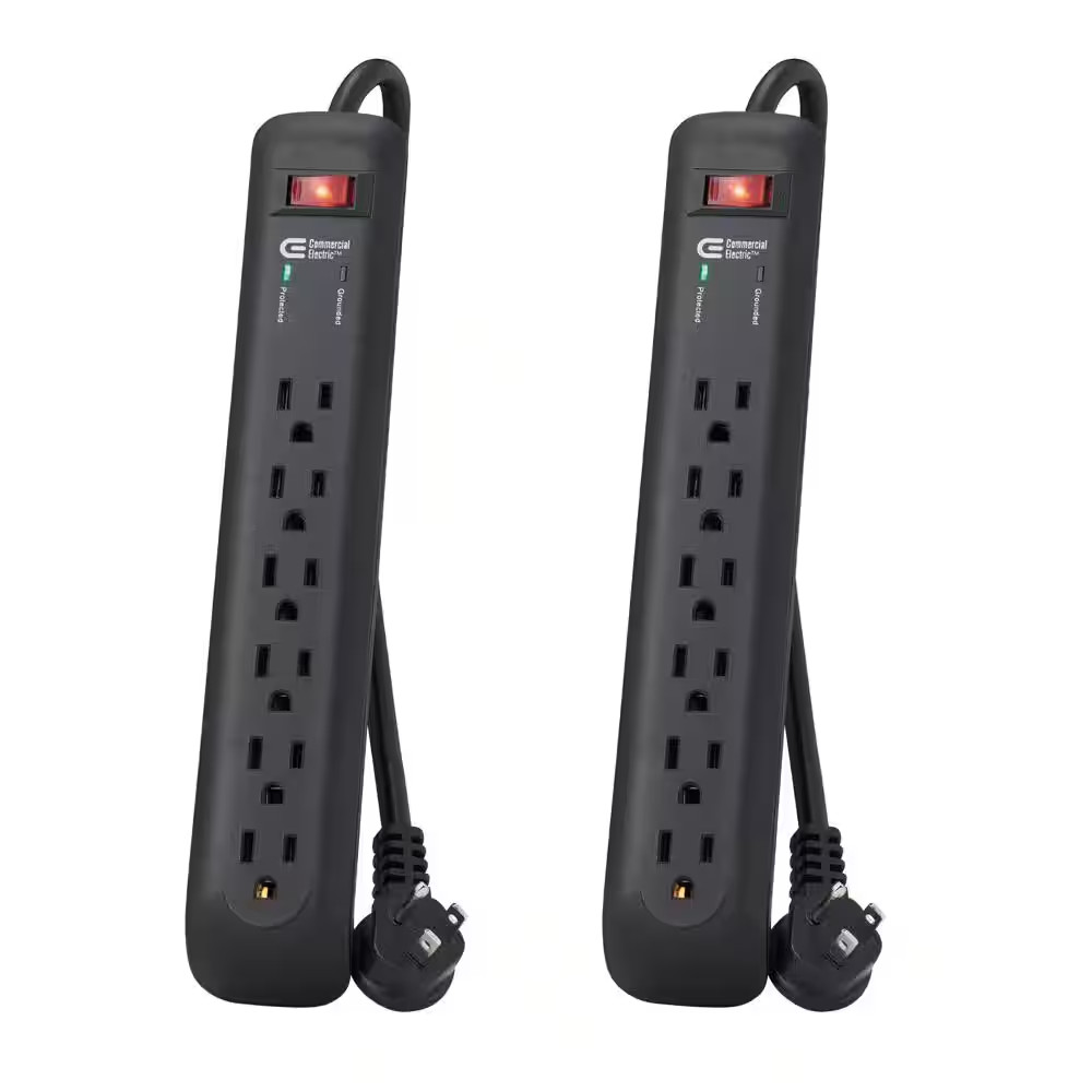 8 Ft. 6-Outlet Surge Protector with 45-Degree Flat Angle Plug, Black (2-Pack)