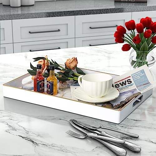 Rectangular Decorative Tray, Modern White Serving 15.8" x 10.2" x 1.4" White-3