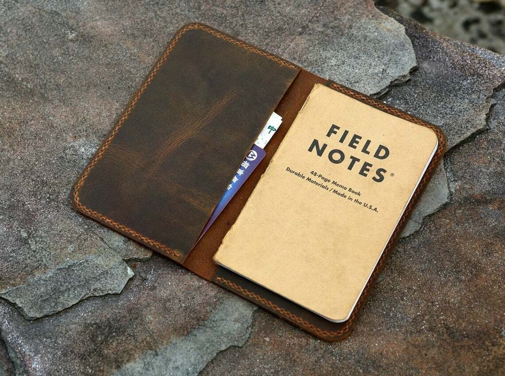 Full grain distressed leather slim cover for pocket size field notes notebook