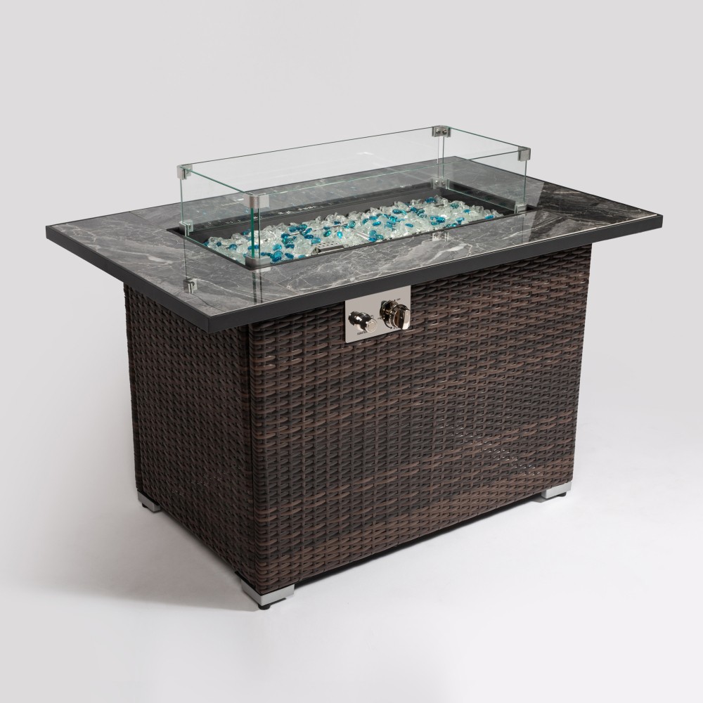 44" Rectangular Propane Fire Pit Table 50,000 BTU, Tile Top & Wicker Base Brown