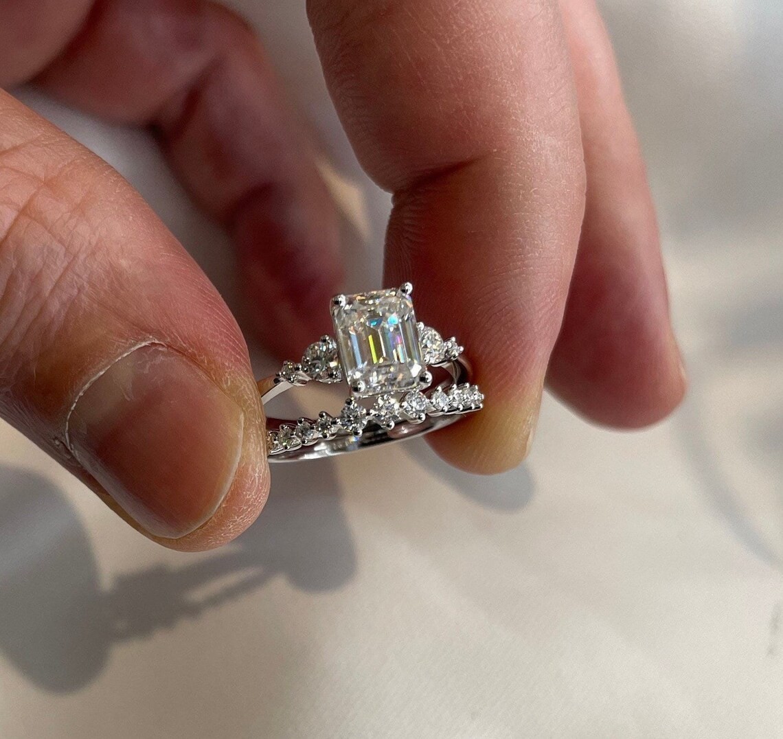 2 CT Emerald Cut Moissanite Wedding Bridal Ring Set Solid 14K White Gold For Her