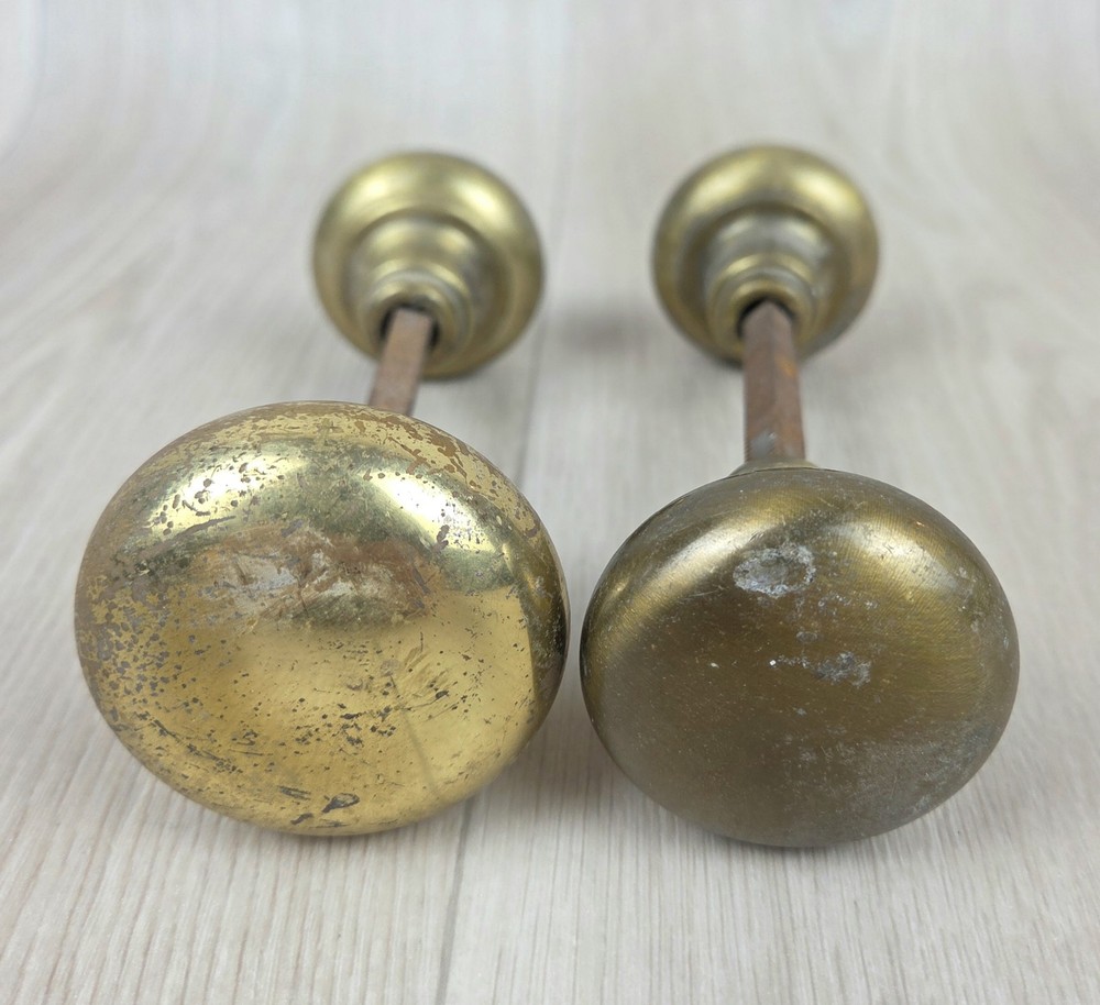 Vintage/Antique BRASS Door Knobs w/ Spindle Round Classic Plain Patina Rustic