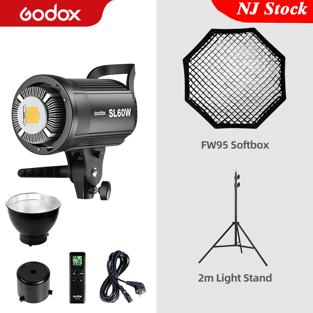 US Godox SL-60W 5600K LED Video Continuous Light+95cm Grid Softbox 2m Stand Kit
