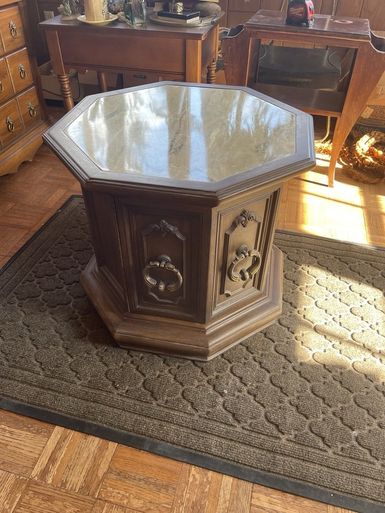 End Table - 1960s Mid-Century Modern Double Door Hexagonal Walnut