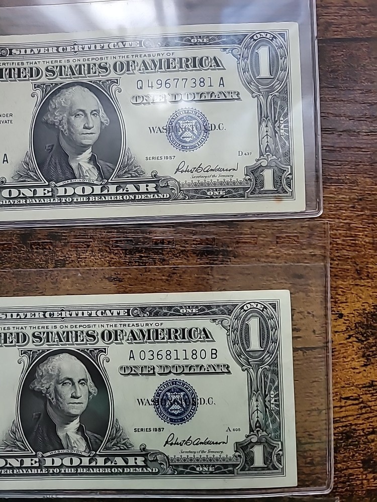 One Dollar 1957 Silver Certificates Blue Seal. Three Total