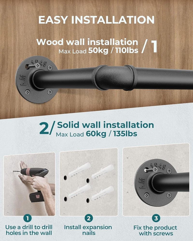 38.4-Inch Industrial Clothes Rack - Sturdy Wall-Mounted Storage Solution