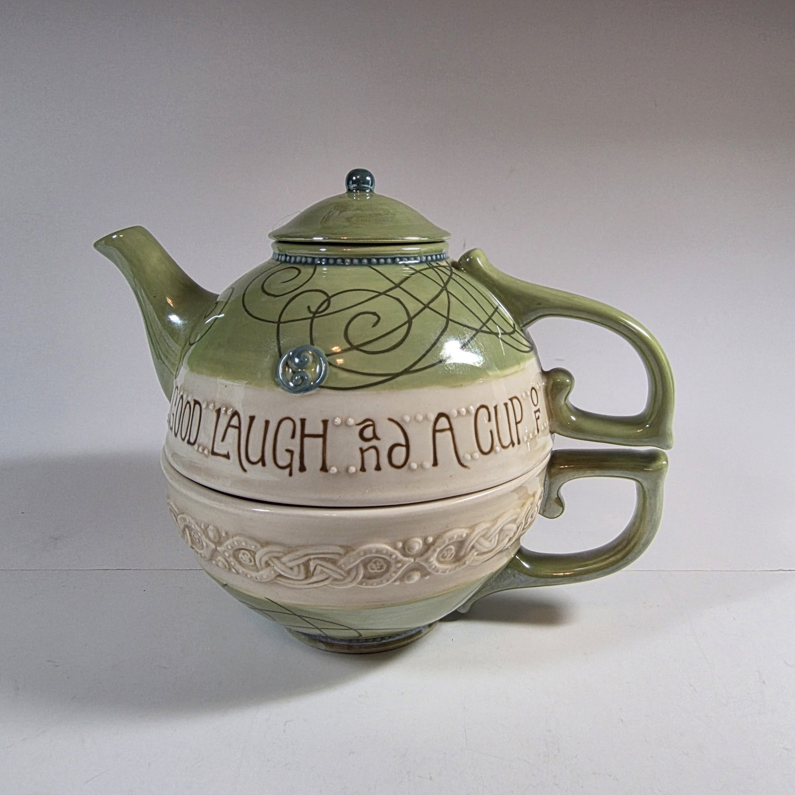 Grasslands Road Nesting Teapot Celtic Inspired Design Floral Green Cream 2 Piece
