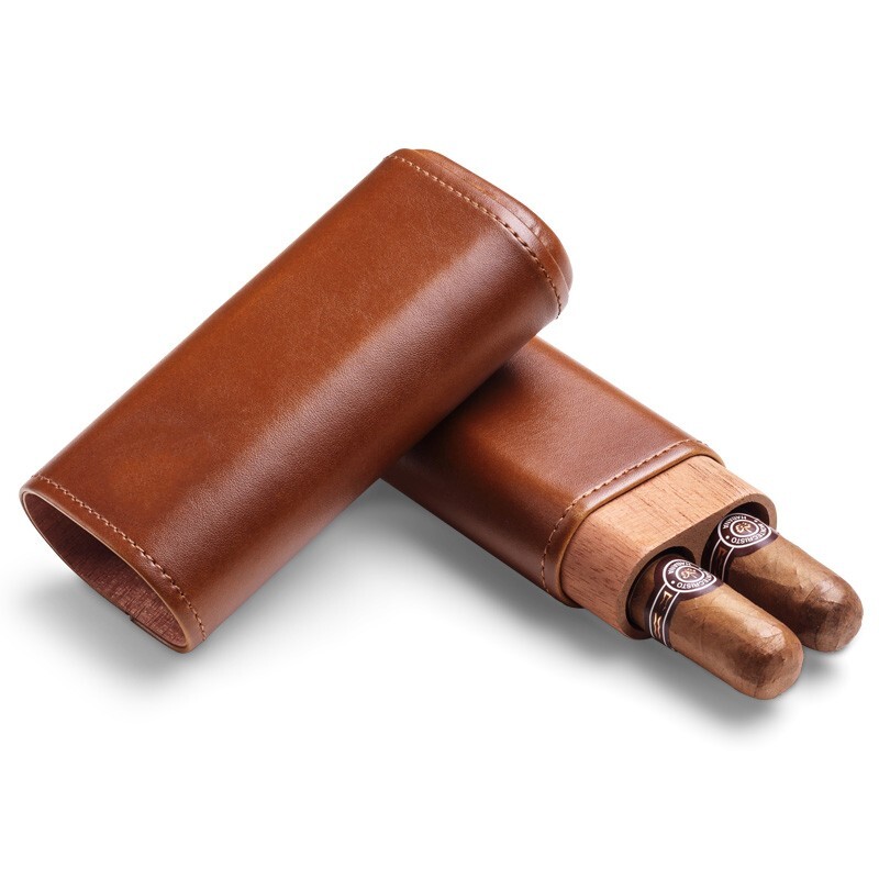 Cedar Wood Lined Brown Leather 2 Ct Sturdy Cigar Case Travel Holder New