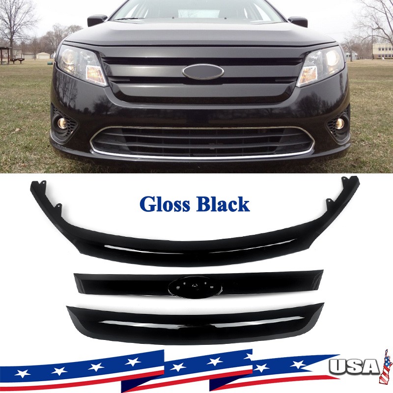 For 2010-2012 Ford Fusion Gloss Black Front Upper Grille Grill Molding Trim Set
