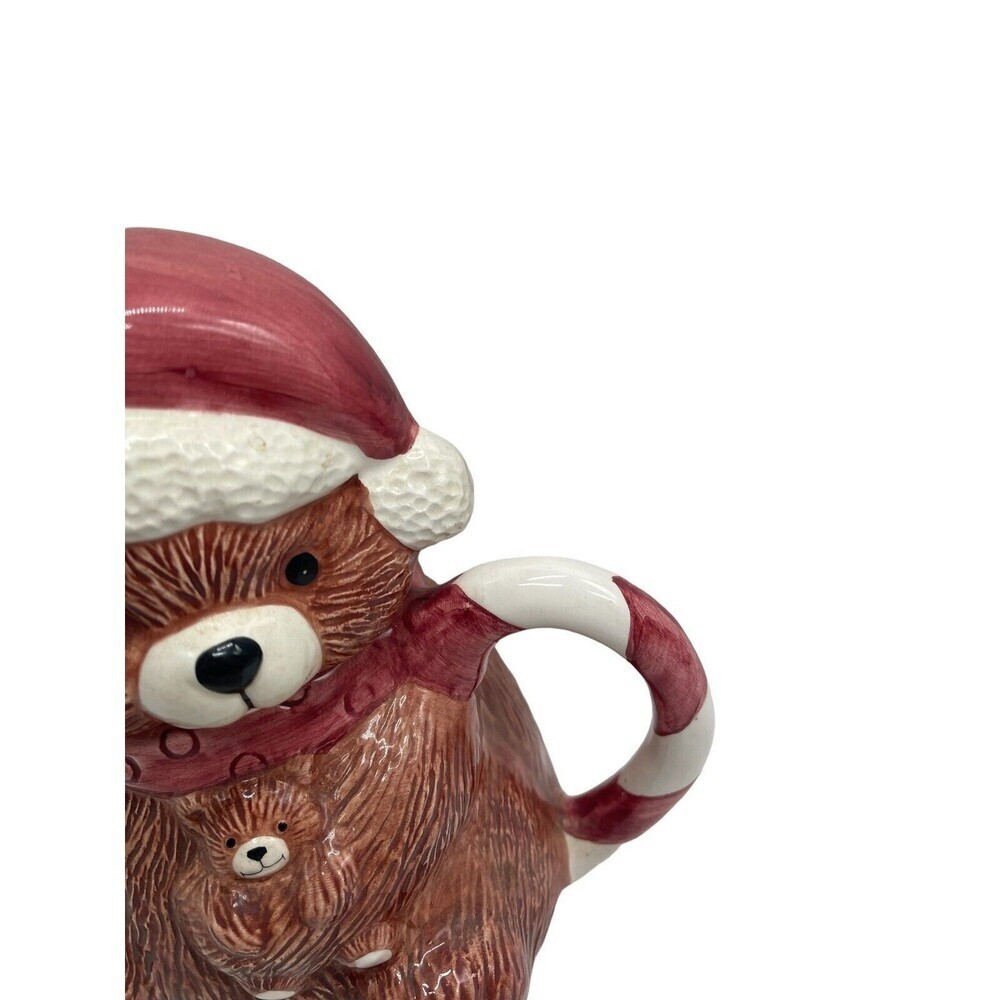 Christmas Brown Bear Teapot Candy Cane Handle RARE Ceramic