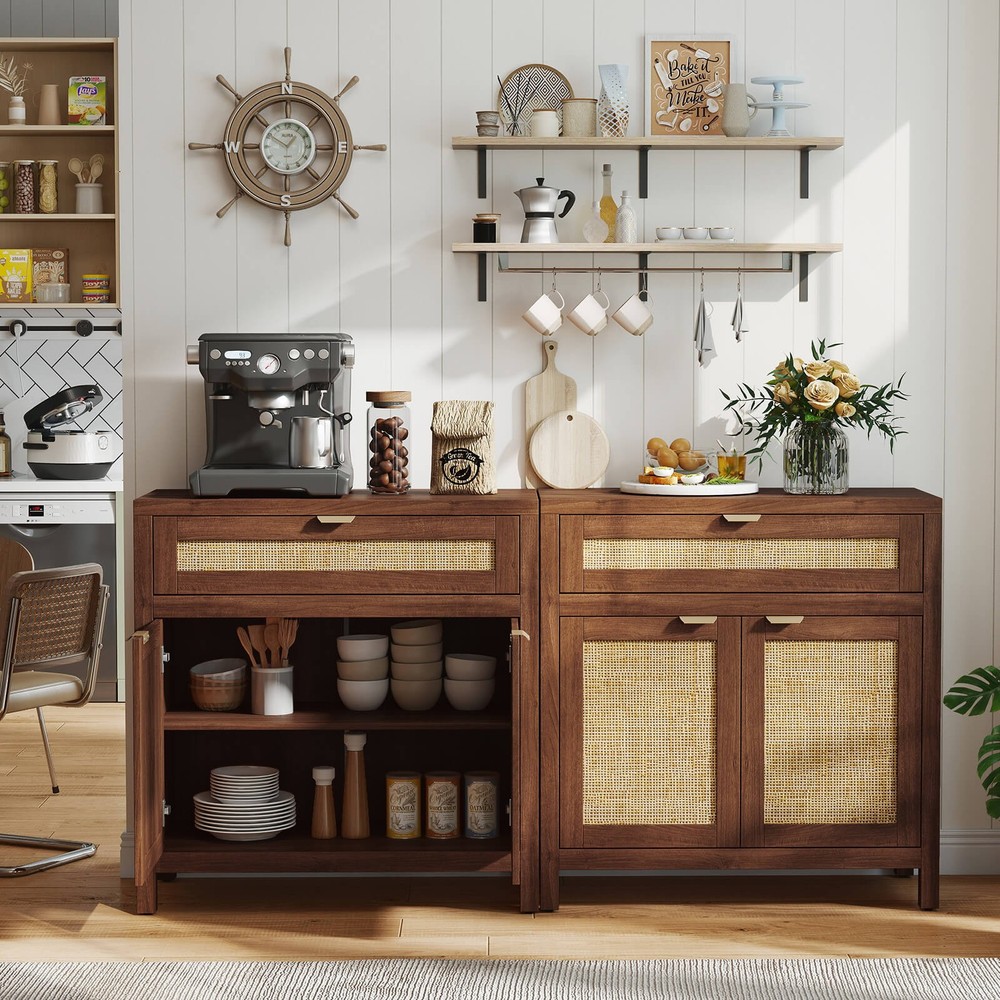 Buffet Cabinet Sideboard Storage Cabinet Rattan Doors & Drawer Adjustable Shelf