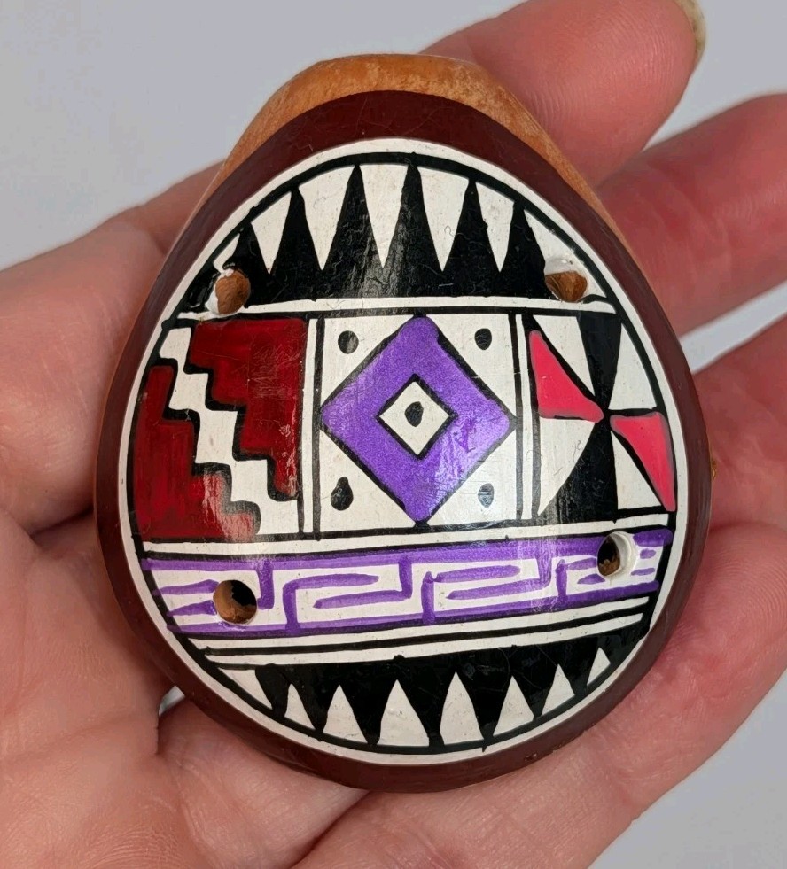 Vintage Handpainted Clay Peruvian Wind Flute / Whistle On Corded Necklace