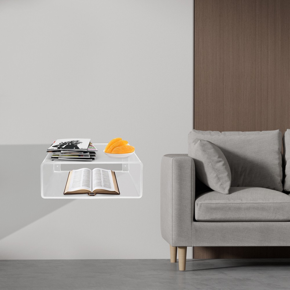 2Tiers Clear Acrylic Wall-Mounted Bedside Table Rectangular Floating Nightstand