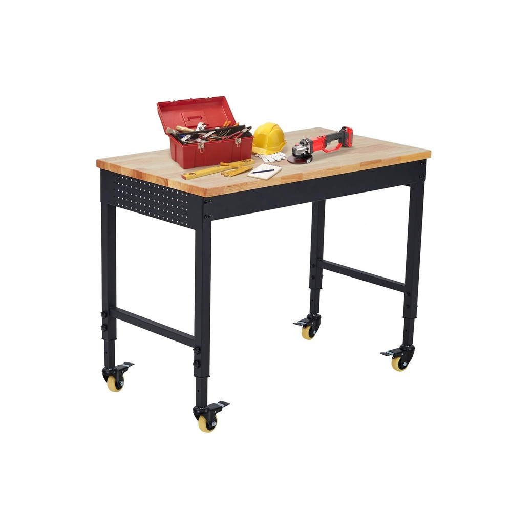 48" Adjustable Height Workbench, Rubber Wood Tabletop Work Table with Wheels,...