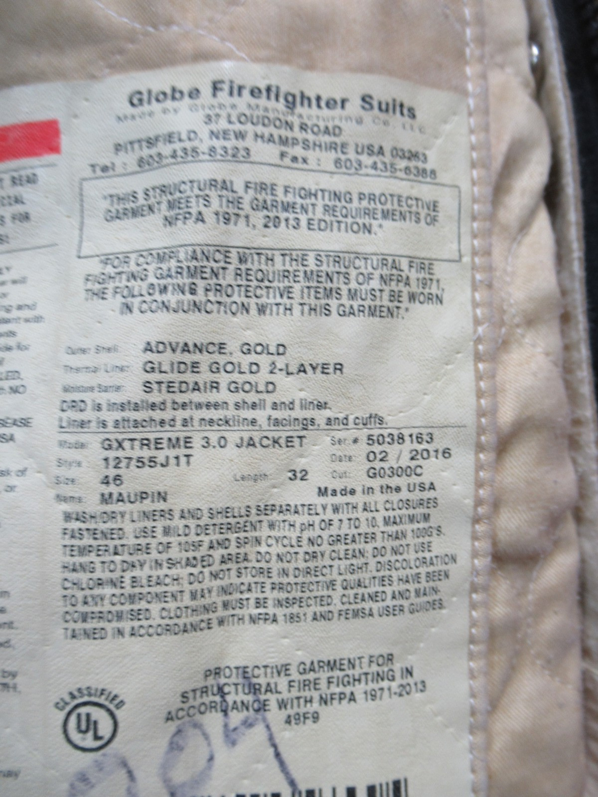 Mfg 2016 GLOBE GXTREME 3.0 JACKET 46 x 32 Firefighter COAT Turnout Bunker GEAR